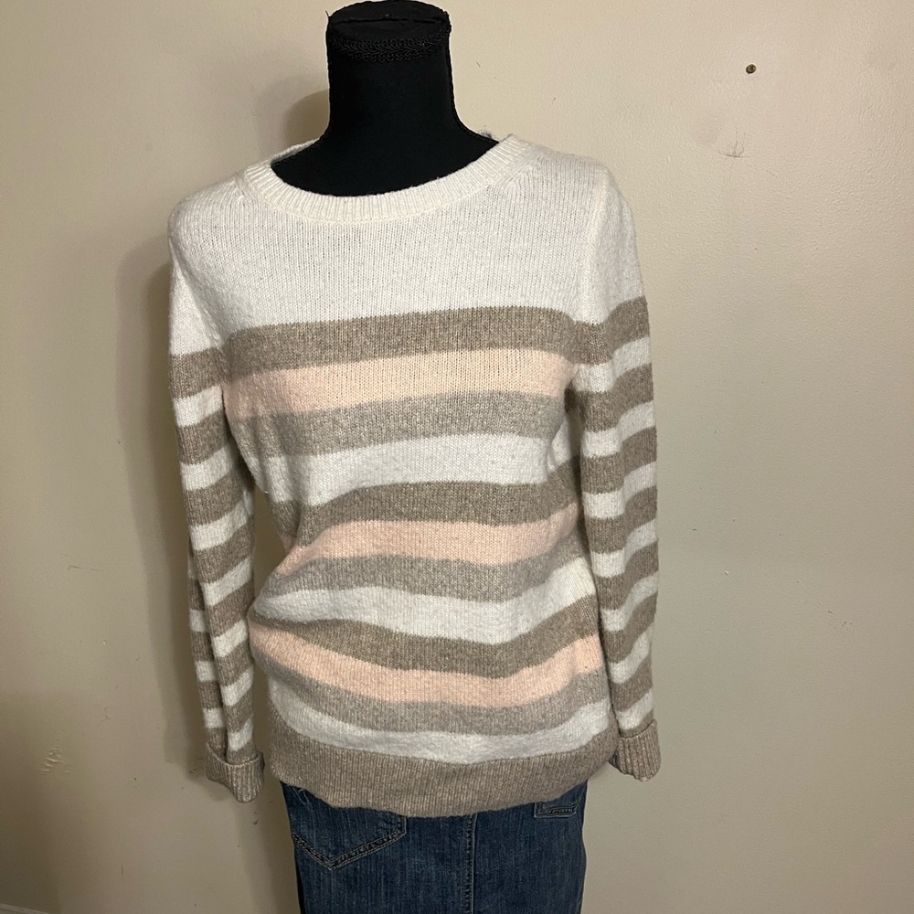 LOFT Cozy Striped Crewneck Sweater - Cream, Beige & Blush